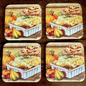 Vintage Fall Autumn Feast Pumpkin Casserole Cork Bottom Square Coaster Set of 4